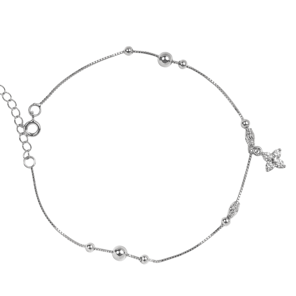 Lắc chân bạc xi mặt đá hoa 4 cánh và bi tròn thanh lịch - 3831