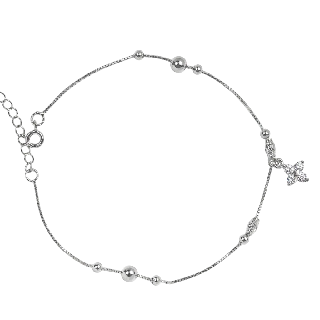 Lắc chân bạc xi mặt đá hoa 4 cánh và bi tròn thanh lịch - 3831