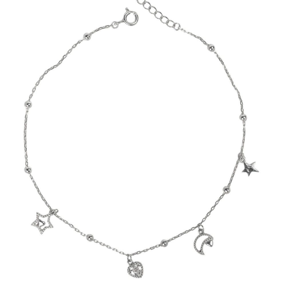 Lắc chân bạc xi họa tiết trái tim, trăng sao tinh tế - 3845
